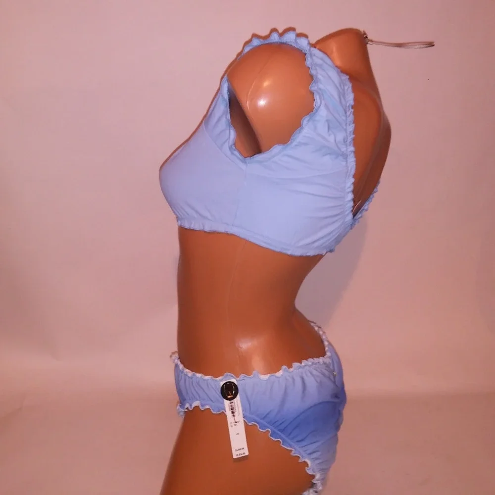 Victoria Secret Swim Bikini Medium Top Large Bottom Ruffle Blue Scrunch Wireless